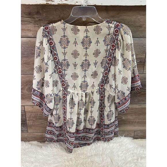 KNOX ROSE Women's Large Floral Boho Chic Peasant V Tie Neck Tassels Sheer Size S - Picture 4 of 8